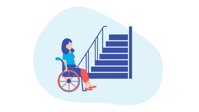 Illustration zum Thema Barrieren. Frau im Rollstuhl steht vor einem Treppengang.