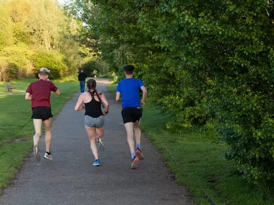 Drei Erwachsene joggen durch den Park