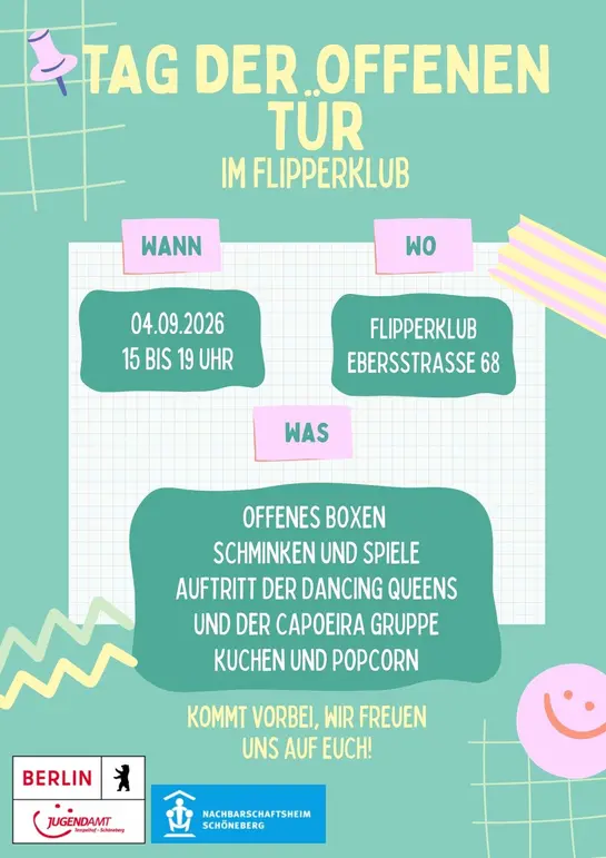 Flyer f&uuml;r den Tag der offenen T&uuml;r im Flipperklub in der Ebersstra&szlig;e 68 am 4.09.26 von 15 bis 19 Uhr