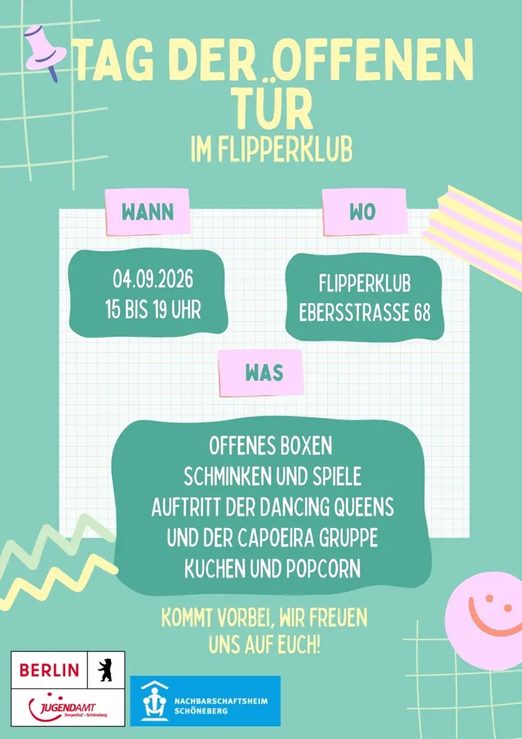 Flyer f&uuml;r den Tag der offenen T&uuml;r im Flipperklub in der Ebersstra&szlig;e 68 am 4.09.26 von 15 bis 19 Uhr