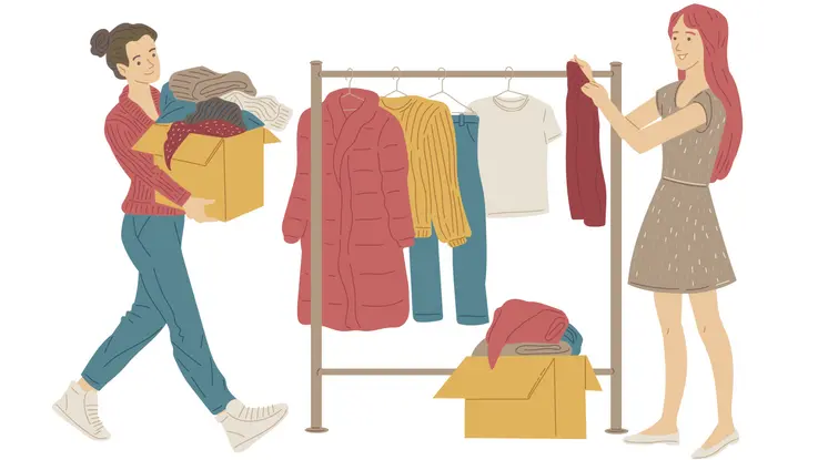 Illustration einer Kleiderstange und zwei Personen, die st&ouml;bern.