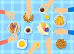 Illustration: Verschiedene Hände greifen nach Essen auf einem gedecktem Frühstückstisch. (Quelle: macrovector auf Freepik)