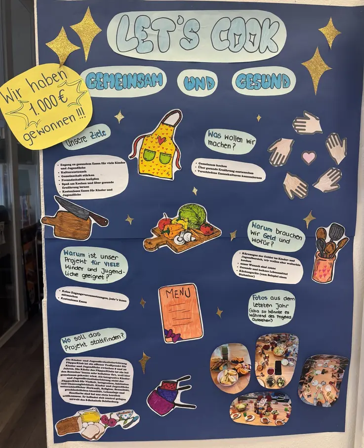 Plakat mit dem Titel Let's cook gemeinsam und gesund mit Bildern &uuml;ber Kochen