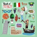 Illustrierte Collage zum, Thema Italien mit verschiedenen Symbolen