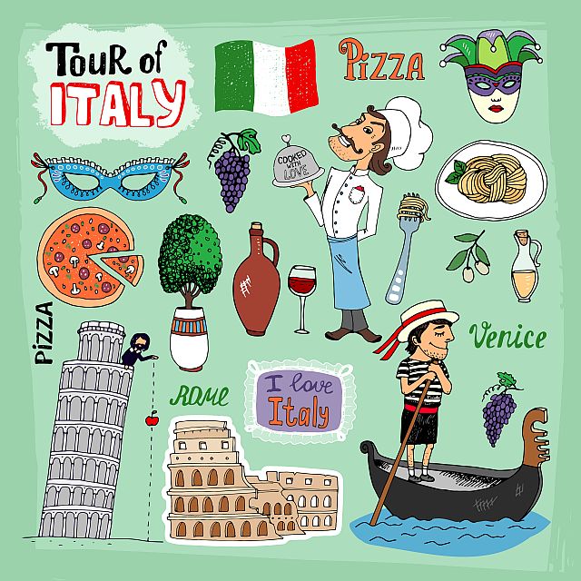 Illustrierte Collage zum Thema Italien mit verschiedenen Symbolen (Quelle: macrovector / Freepik)